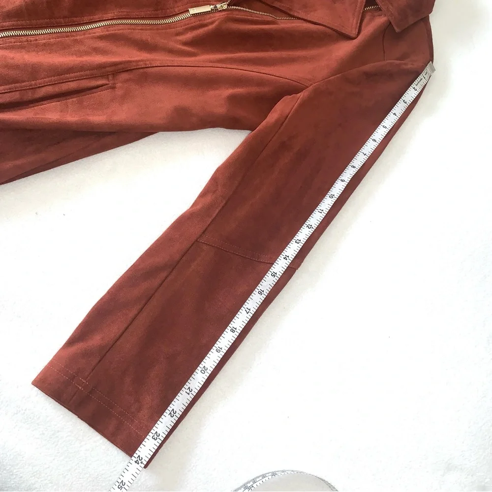 CHICO’S Faux Suede Long Double-Zip Moto Jacket Whiskey color size 2X GORGEOUS - Picture 11 of 16